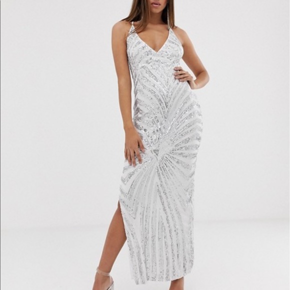 ASOS Dresses & Skirts - Club L Sequin Silver Dress Spaghetti VNeck ArtDeco